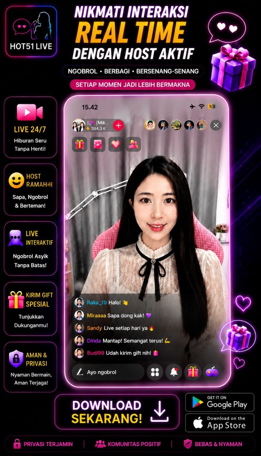 Interaksi real-time bersama host Hot51 Live